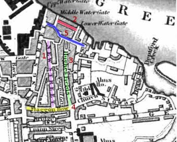 Deptford from Crutchley's 1833 map, with streets coloured and notes
