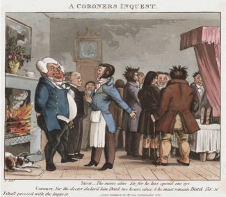 Cruikshank cartoon, 1826: Inquest in a house (©Lewis Walpole Library, via London Lives)