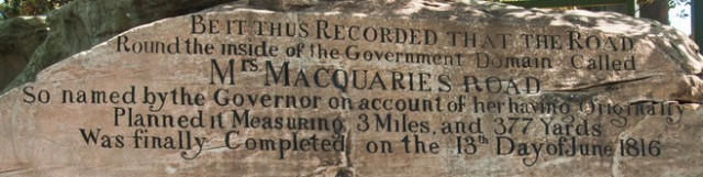 Photo of inscription on Mrs Macquarie's Chair in Sydney's Royal Botanic Garden