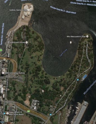 Aerial view of the old Domain area of Sydney showing Mrs Macquarie's Road, via Google Earth
