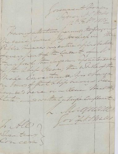 Handwritten note by Governor Macquarie approving the conduct of the Surgeon Superintendant of the convict ship Ocean